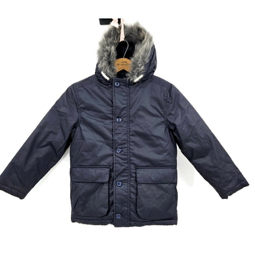 New Gymboree Puffer Parka Jacket Size S 5-6 Navy Blue Faux Fur Hooded Coat